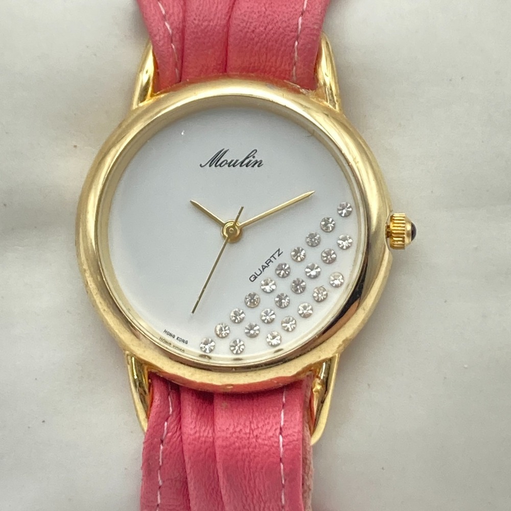 Vintage Moulin Women's Watch Gold Tone 30mm Crystals MOP Dial New Battery 6.25"
